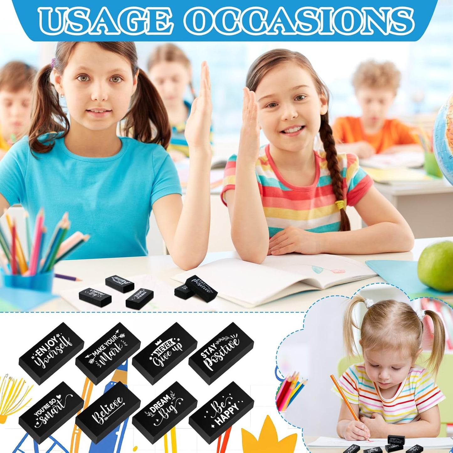 100 Pcs Inspirational Pencil Erasers Bulk for Kids Fun Motivational Eraser School Supplies Back to School Office Supplies for Classroom Office Teacher Artists (Classic)