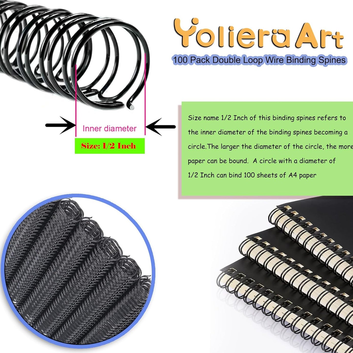 100 Pack Double Loop Wire Binding Spines, 3 to 1 Pitch,1/2 Inch Wire Cinch Book Binding Fit for School Office Notebook Maker, YolieraArt Metal Spiral for Bindings, (100 Sheet Capacity, White)