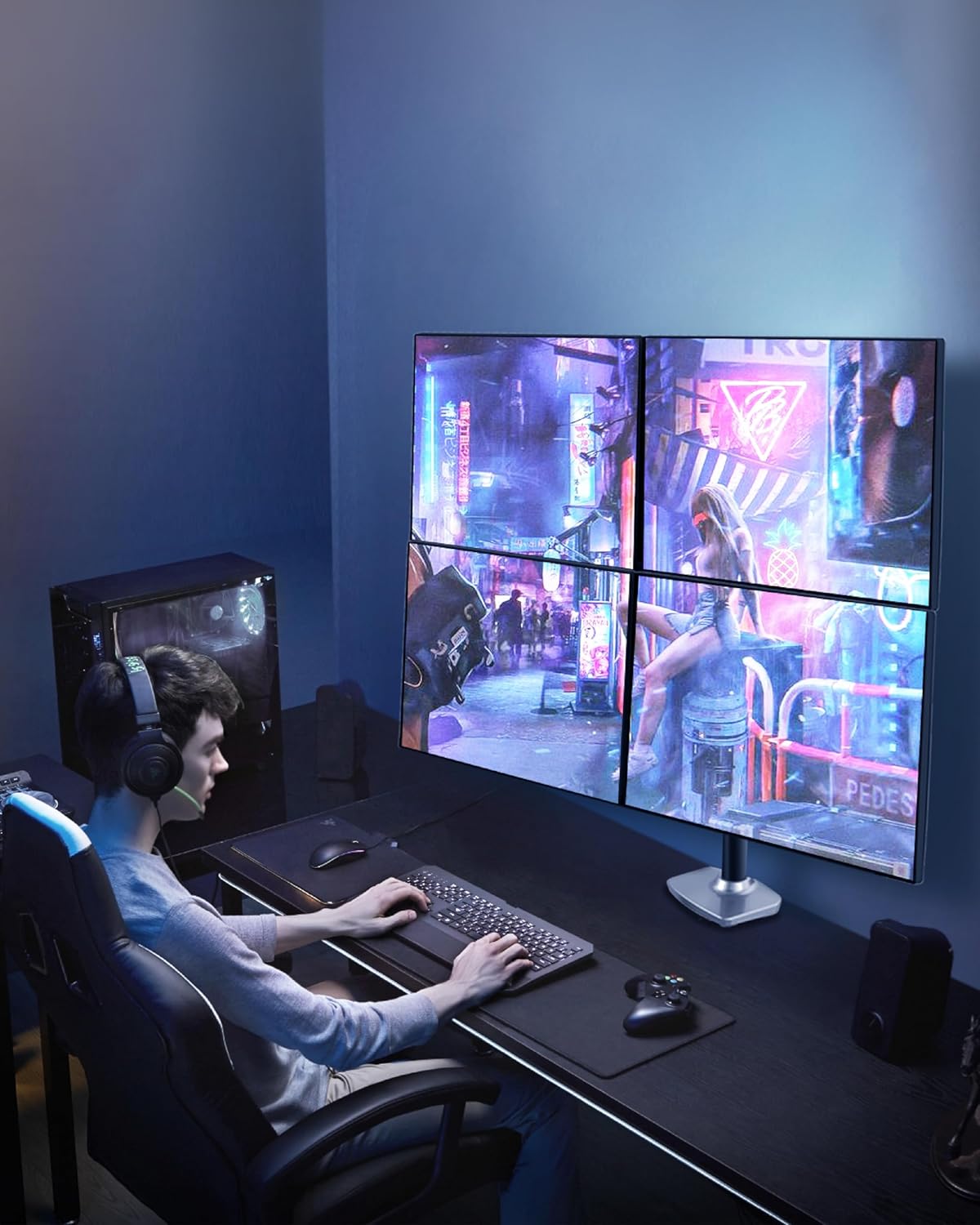 Quad Monitor Mount, Holds Screens up to 40 Inches and 25 lbs, Fully Adjustable 4 Monitor Mount with C-Clamp and Grommet Base, Aluminum, Silver