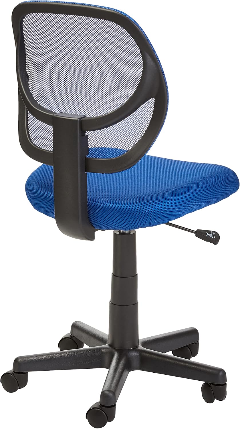 Amazon Basics Rolling Desk Chair, Adjustable, Low Back, Padded Seat, Breathable Mesh, Swivel, Blue, 21.25" D x 22.5" W x 38" H