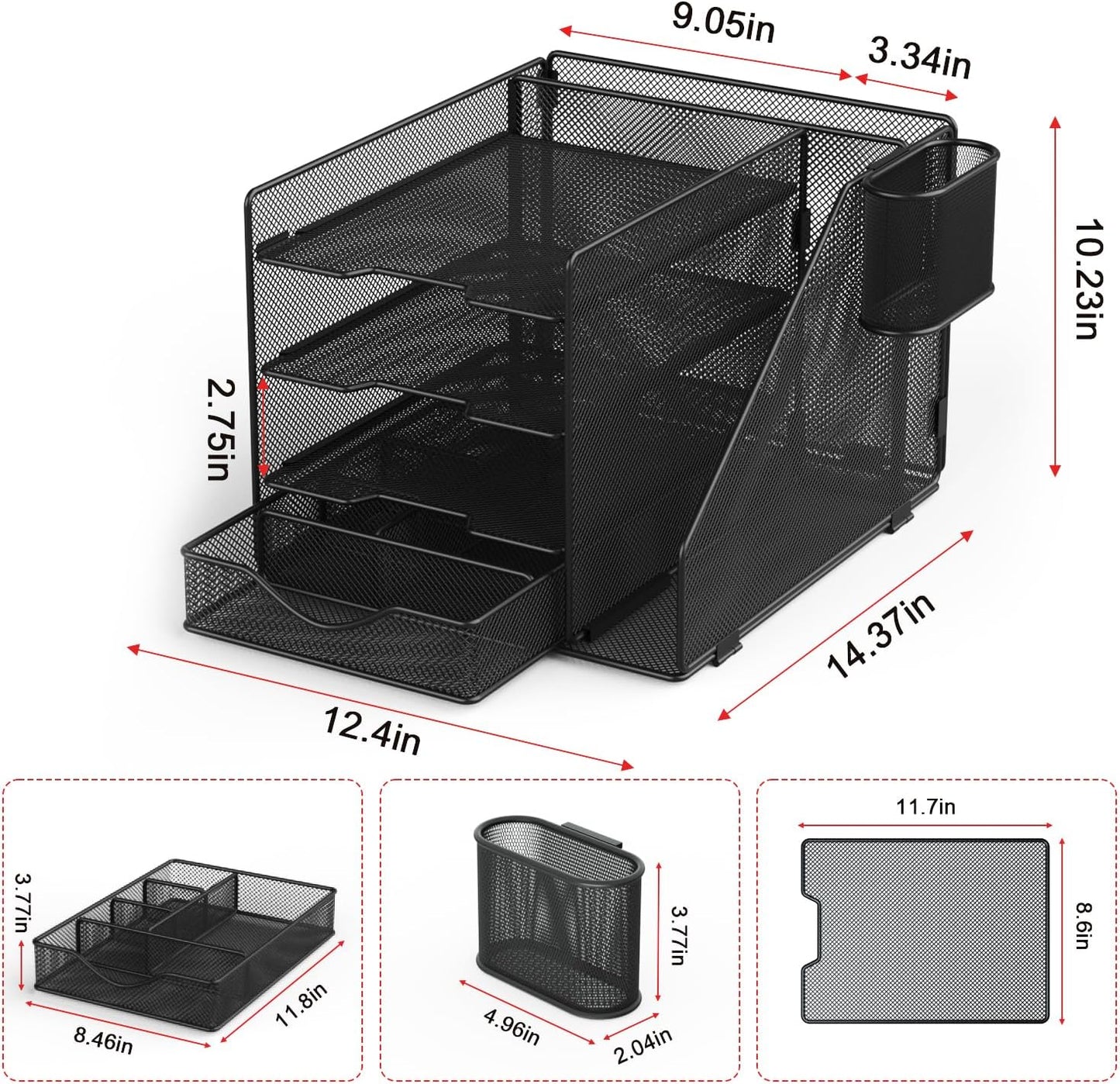 Desk Organizer with Hanging File Holder, Paper Letter Tray Organizer with Drawer and Pen Holder, Mesh Desktop Organizer and Storage for Office Supplies(Black)