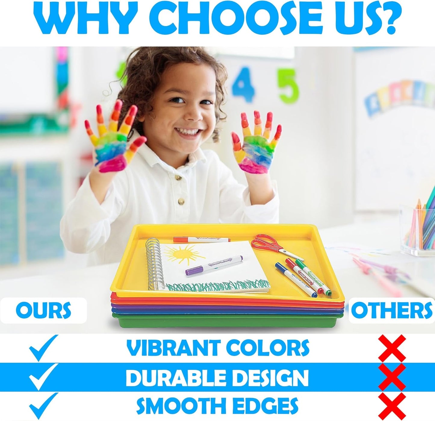 Fun Express Flat Plastic Tray - Plastic Trays for Engaging Art and Play - Long-Lasting Educational Trays for Active Kids - Great for School - Red, Yellow, Orange, Green, Blue, Purple (Set of 6)