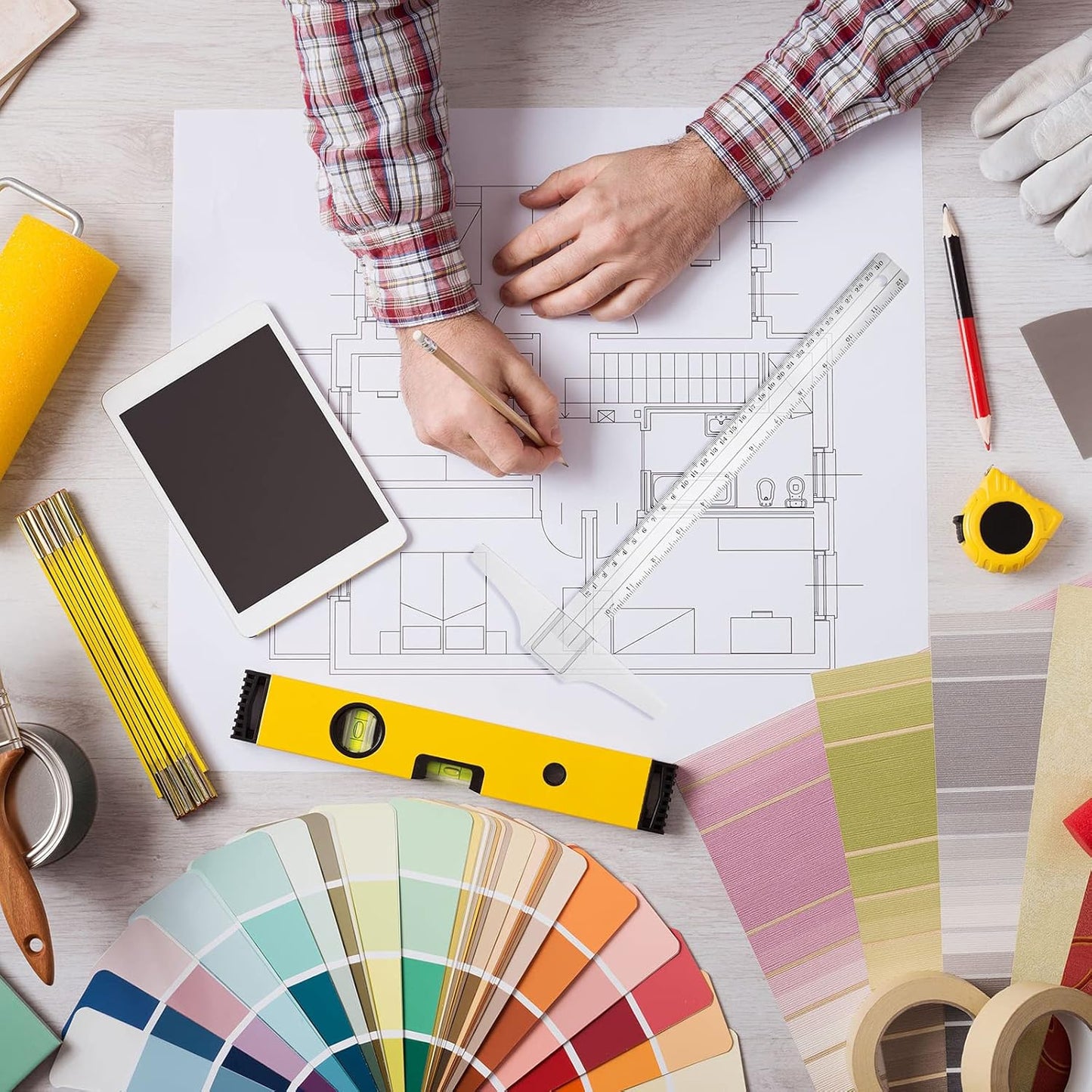 Frienda 5 Pieces Drafting Tools 12 Inch T-Square Ruler Plastic Transparent Drawing Ruler 180 Degree Protractor, 2 Triangles and a French Curve for Students and Engineering Drawing