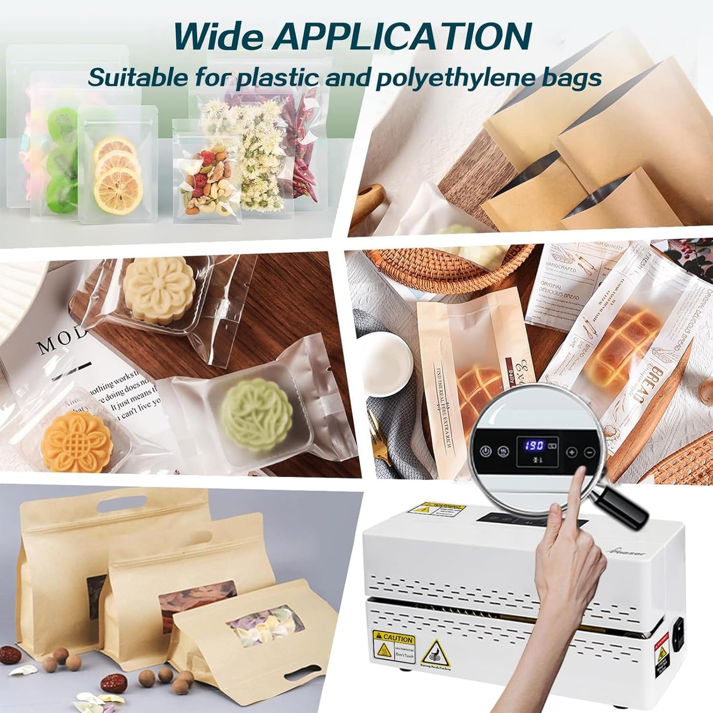 Continuous Heat Sealing Machine, Automatic Plastic Bag Sealer with Digital Temperature Control, Lightweight Bag Band Heat Sealer for Commercial Food Storage, Kitchen, Bakery, Snacks Packaging