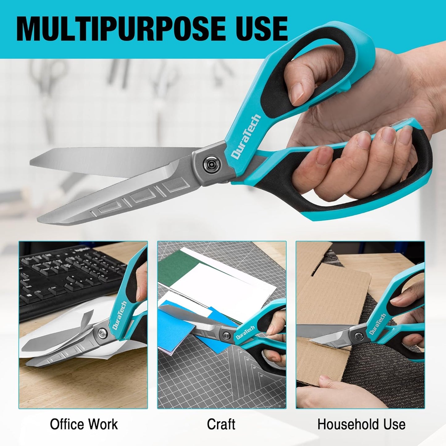 DURATECH 10" All-Purpose Heavy Duty Scissors, Stainless Steel Utility Scissors with Ergonomic Handle, Industrial Shears for Carpet, Leather, Fabric, and Household Use