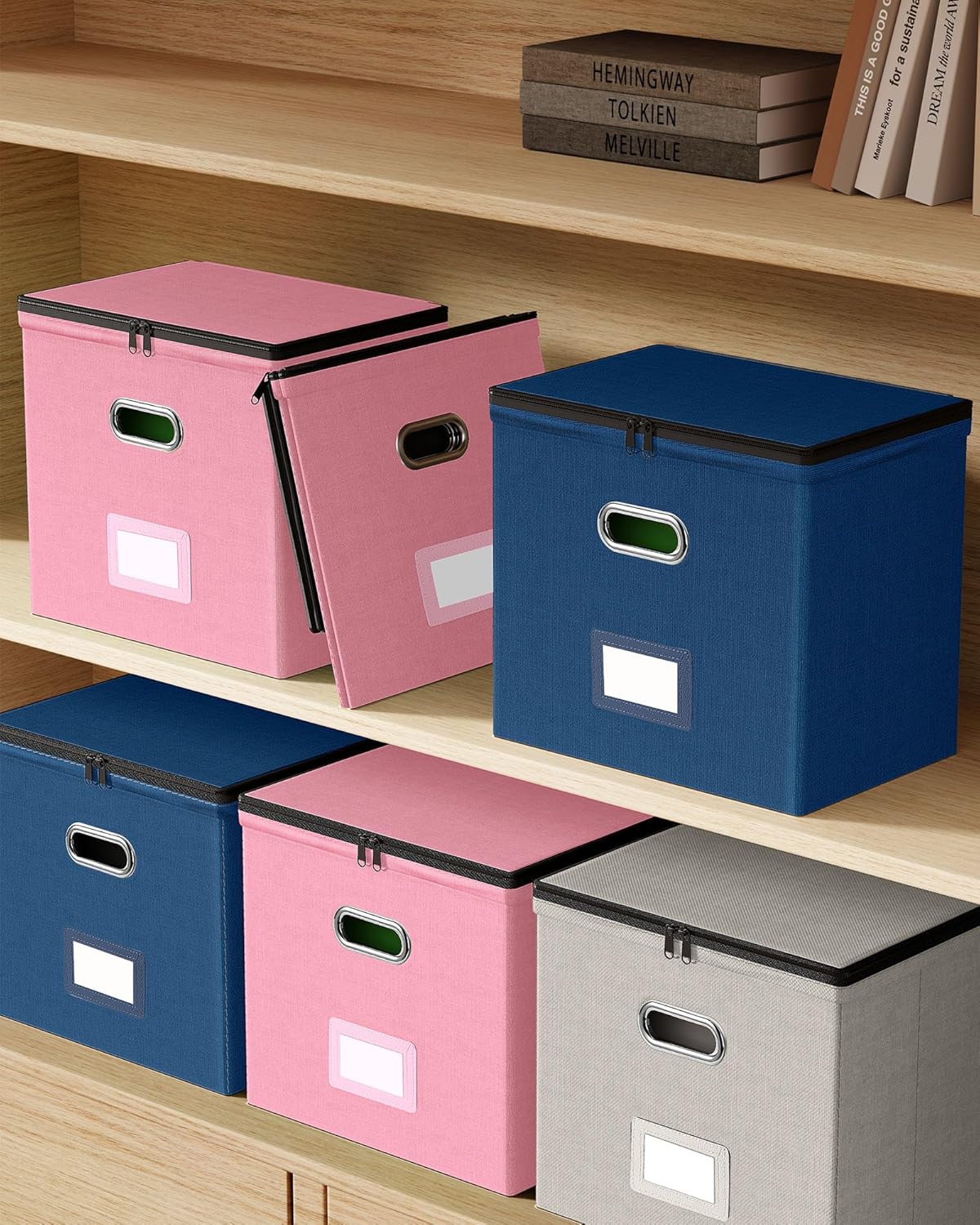 Oterri File Organizer Boxes with Lids, File Box with Mesh Pockets, Document Organizer Box for Letter Size Folders, Zippers Important Document Organizer (Dark Blue, Small-1 Pack Without Folders)