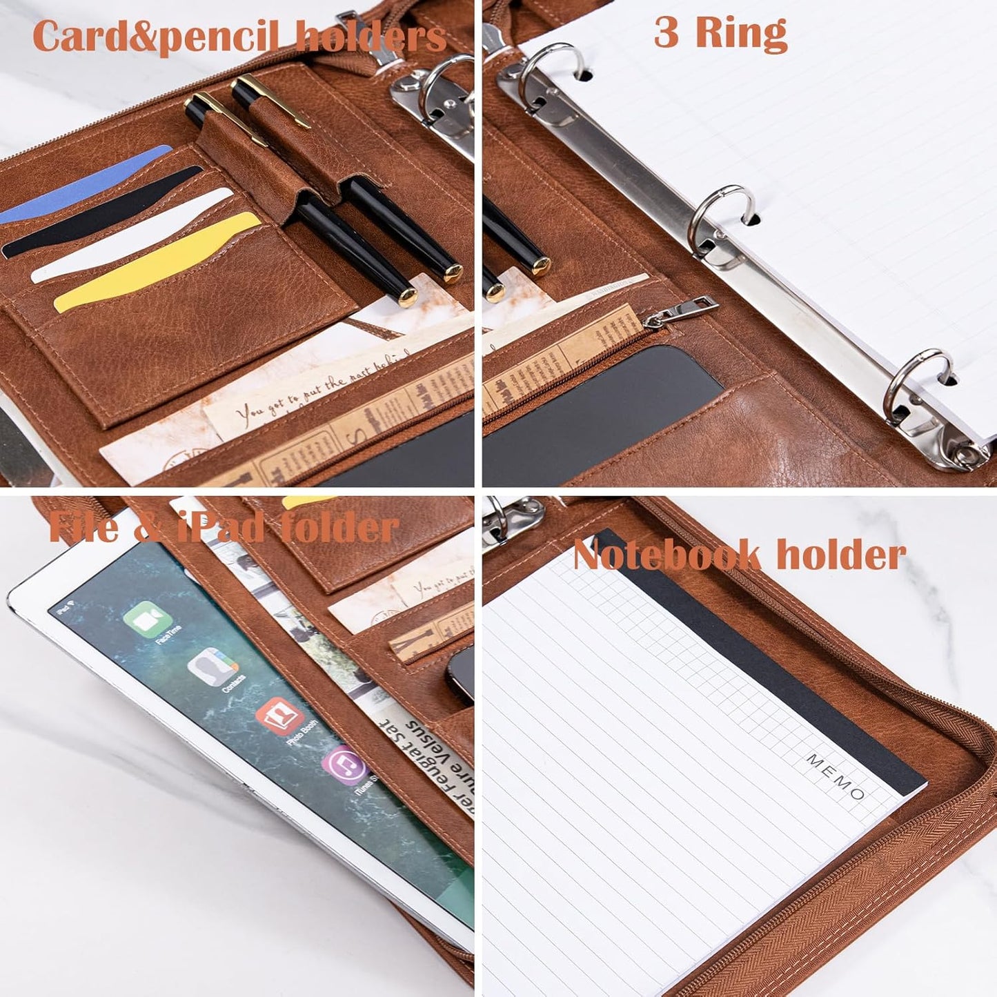 Calfinder Personalized Padfolios Portfolio Binder,3 Ring Leather Binder with Zipper,Professional Padfolios for Women&Men, Business Portfolio Organizer for Resume, Leather Folder for Ipad