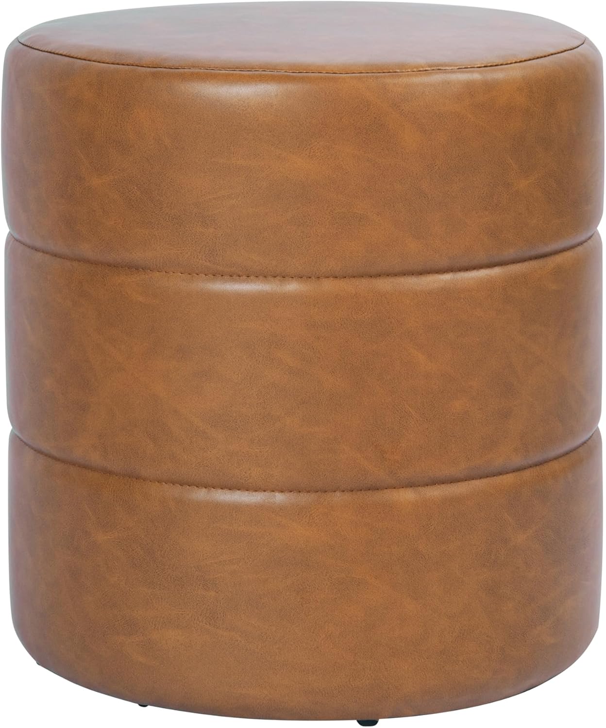 HomePop Upholstered Faux Leather Round Ottoman Home Décor|Foot Rest Ottoman- Carmel Brown
