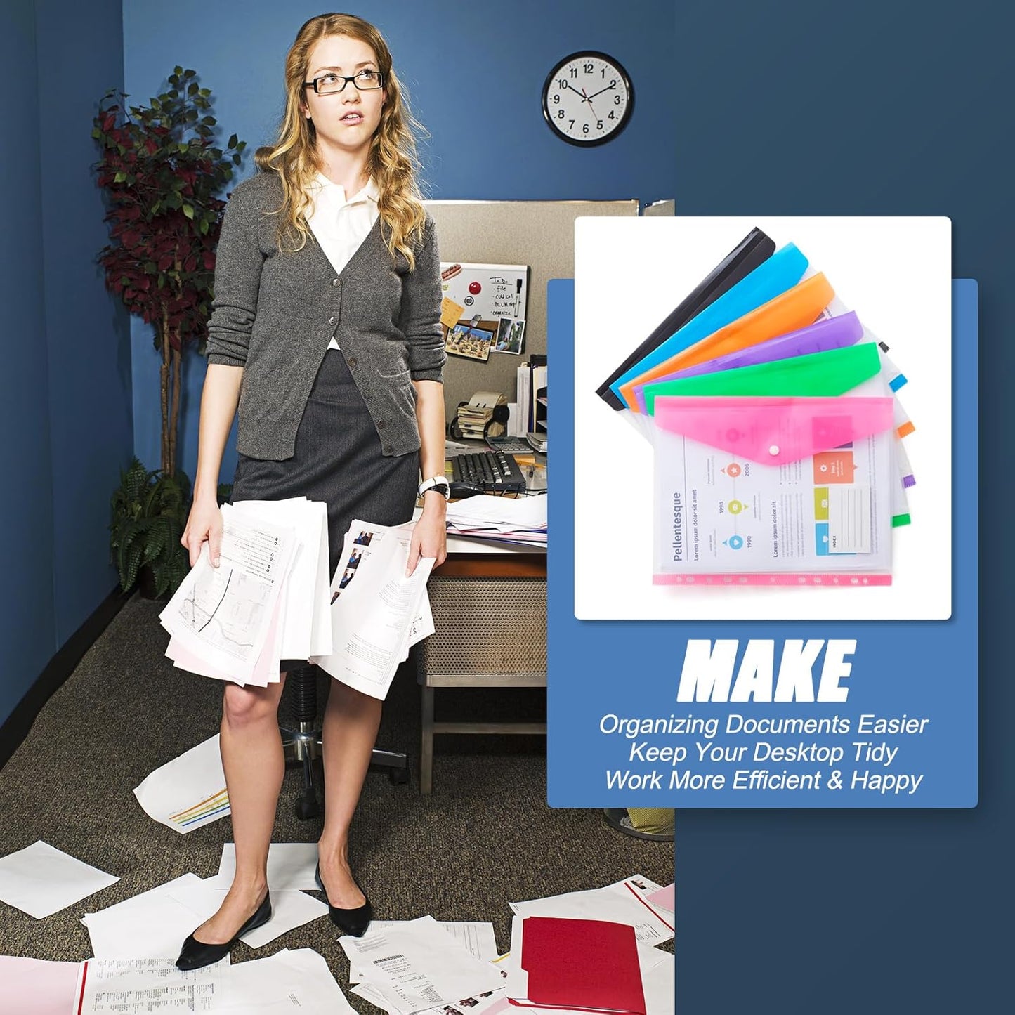 Binder Pocket Organizer Folders, 12 Pack Expandable Files Bag Plastic Envelopes Binder Folders with 11 Holes for 2/3/4 Ring Binder, Document Pouch with Snap Button and Label for School Office Home