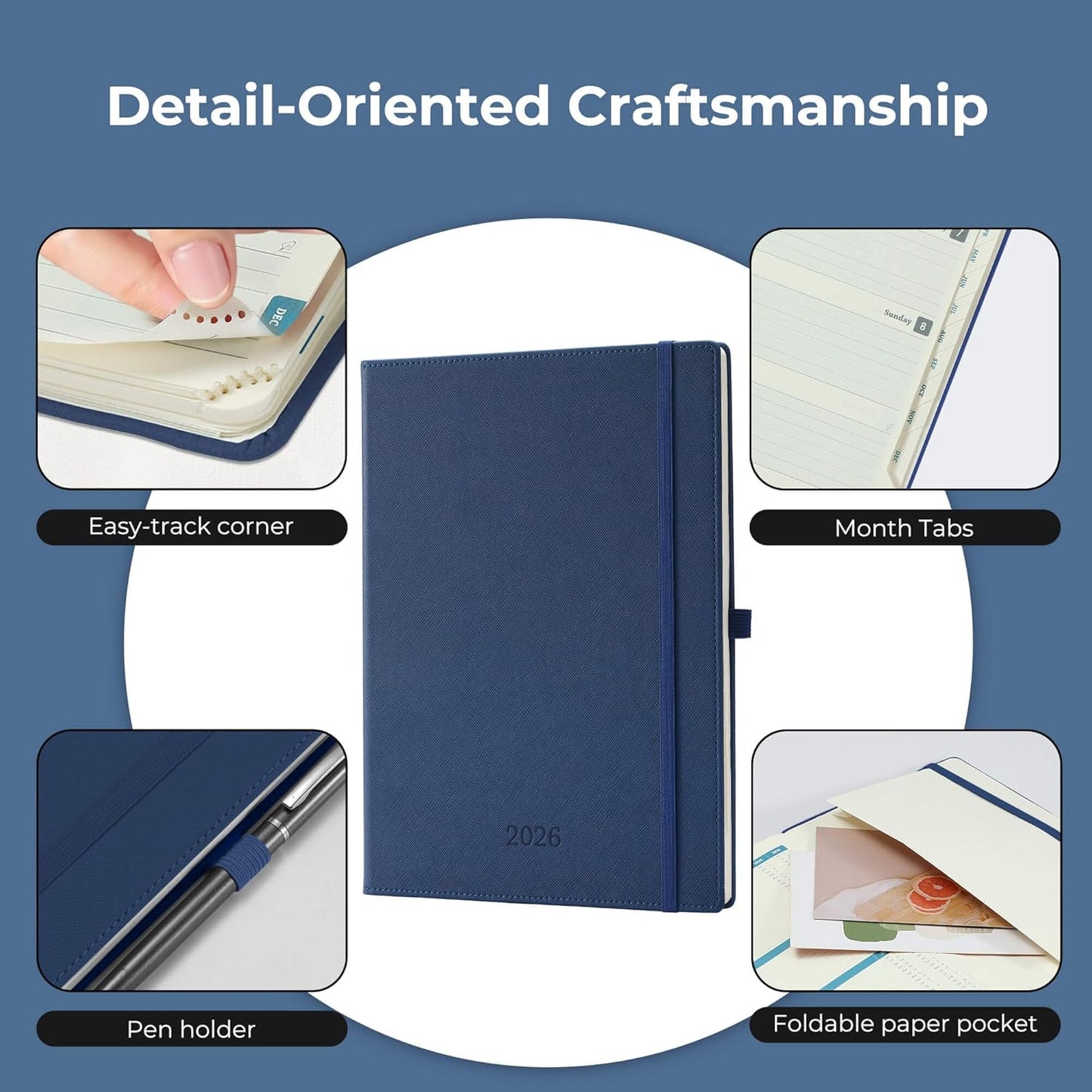 Weekly Monthly 2026 Planner (Jan.26-Dec.26),11.5"x8.5",12 Months Agenda Plan with Month Tabs & Pocket,Expenses/Note Pages, Appointment Book Calendar with Hardcover Vegan Leather Cover,Blue