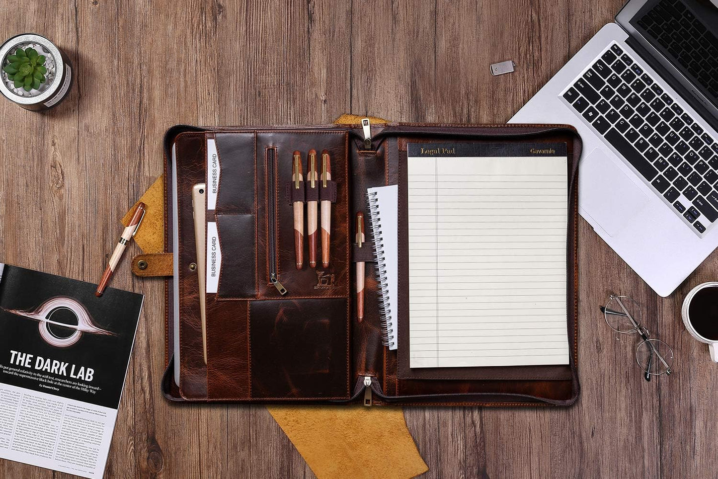 Genuine Leather Business Portfolio Padfolio Folder with Zipper for Men, Men's Leather Padfolio Folder for 13" Laptop, Business Portfolio with Letter Size Notepad, Graduation Gift,Oil Wax