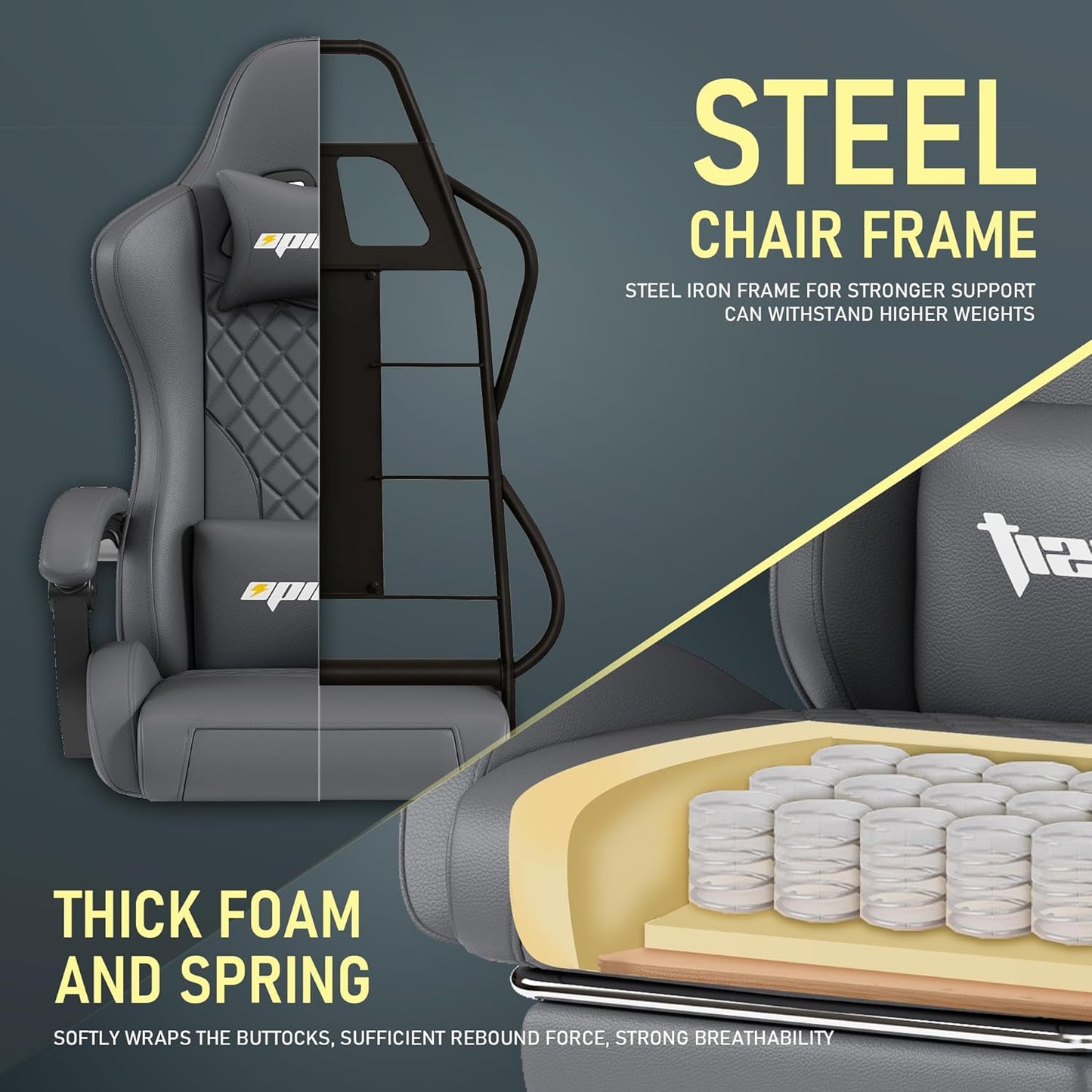 Gaming Chair,Ergonomic Computer Chairs for Adults with Footrest, PU Leather Office Chair with Adjustable Lumbar Support & Pocket Spring Cushion - Heavy Duty 400lb Capacity Gamer Chair (Grey)