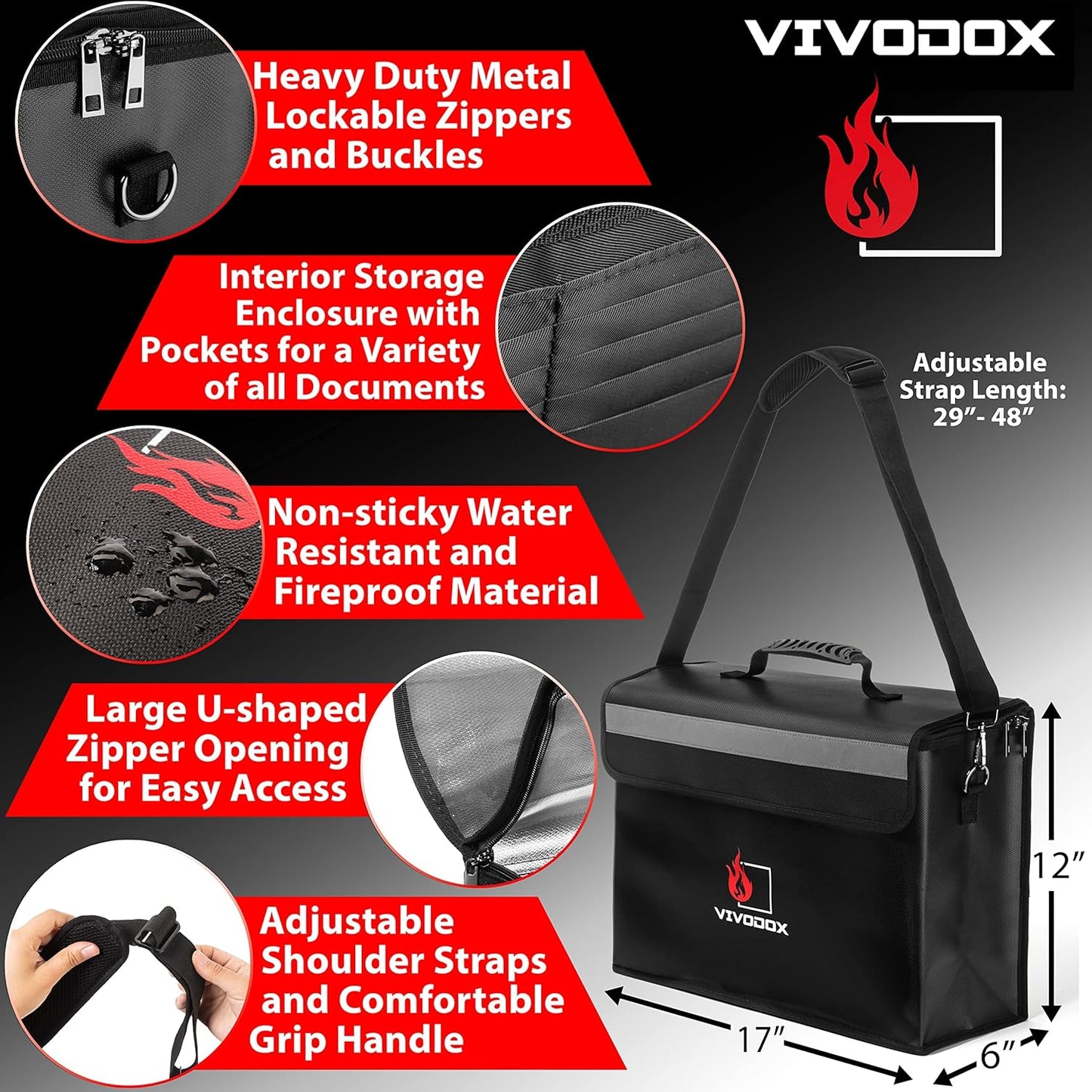 Fireproof Document Bag - Large (17" x 12" x 6") Fireproof Waterproof Storage for Binders, Legal Size Documents and Valuables, Heavy Duty Lightweight Briefcase for Home or Office