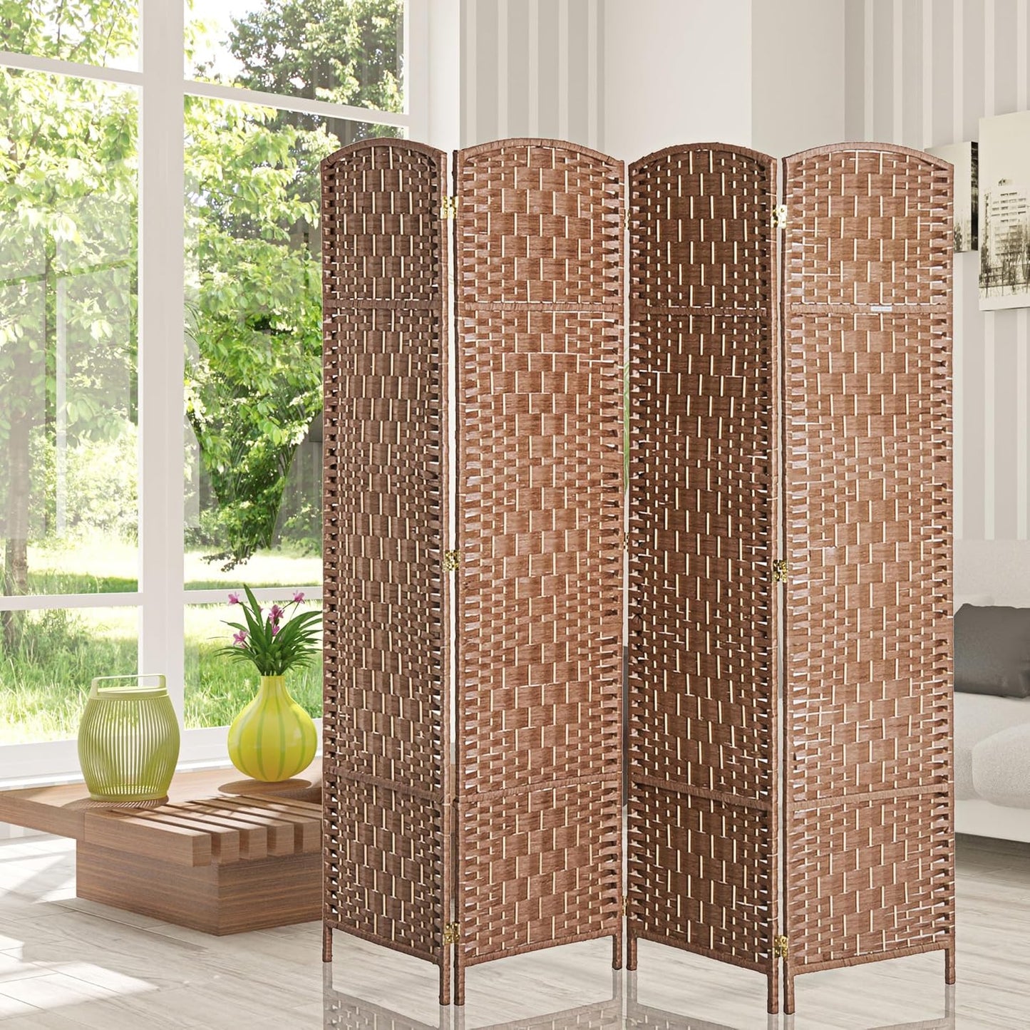 HOMCOM Room Divider 4 Panels Folding Privacy Screen 6FT Tall Portable Wicker Weave Partition Wall Divider for Bedroom Home Office, Natural Wood
