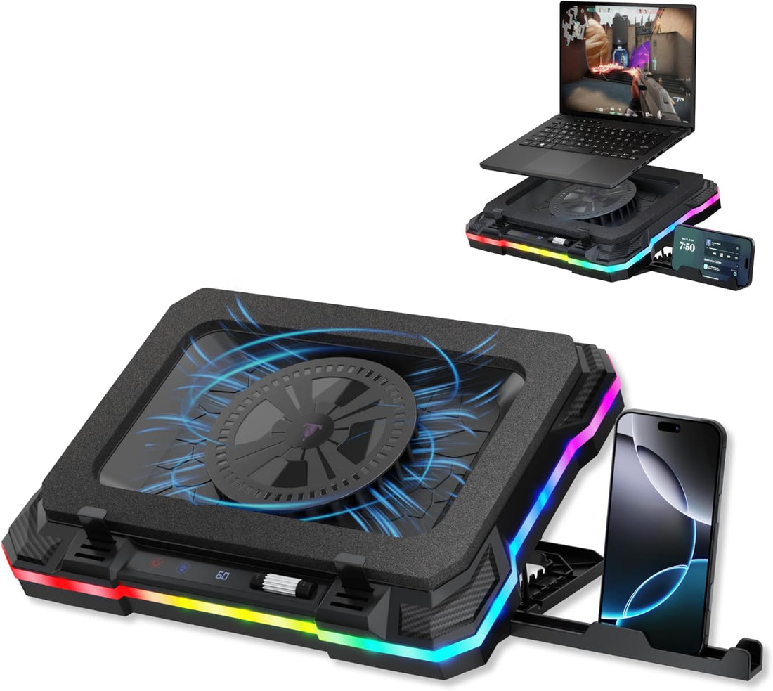 Premium gaming accessories including laptop cooling pad with RGB lighting