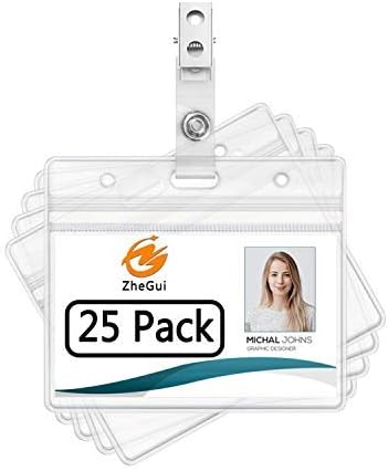 ID Badge Holder with Clip Clear Plastic Name Tag Holders Horizontal Ziplock Waterproof PVC ID Card Holder with Clip Straps(25 Pack, Horizontal 2.3X3.5)