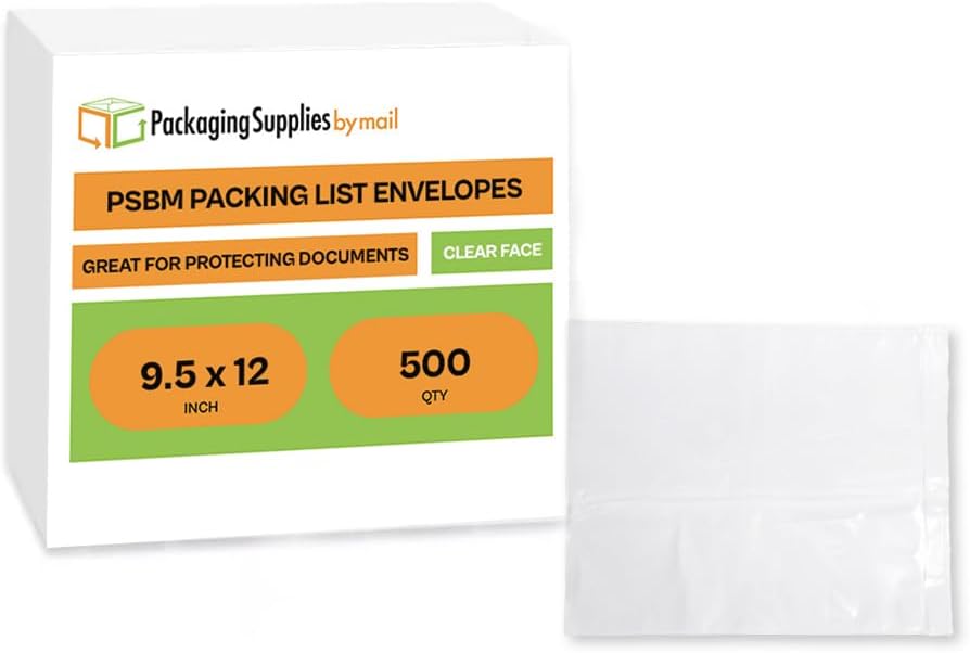 9.5"x 12" Clear Enclosed Packing Envelope Plain Face Usable Dim 9" x 11.5" Front- Clear, Back- White (500 Pack)