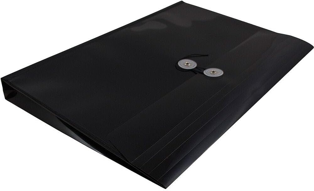 JAM PAPER Plastic Envelopes with Button & String Tie Closure - Legal Booklet - 9 3/4 x 14 1/2 - Black - 3/Pack