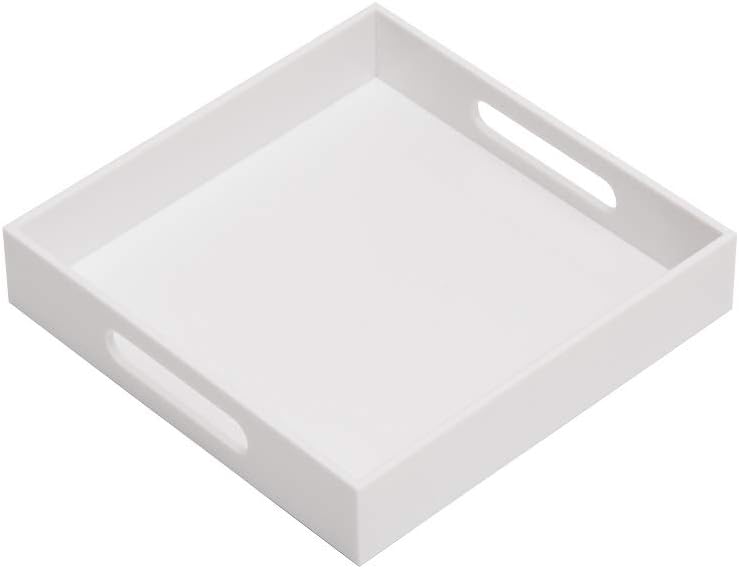 Glossy White Sturdy Acrylic Serving Tray with Handles-10x10Inch-Serving Coffee,Appetizer,Breakfast,Butler-Kitchen Countertop-Makeup Drawer Organizer-Vanity Table,Ottoman Tray-Decorative Tray