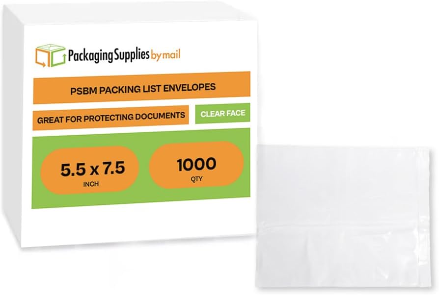 PSBM Clear Packing List Back Side Loading Plain Face Envelopes Pouches (7.5" x 5.5" / Top Load) 1000 Pack