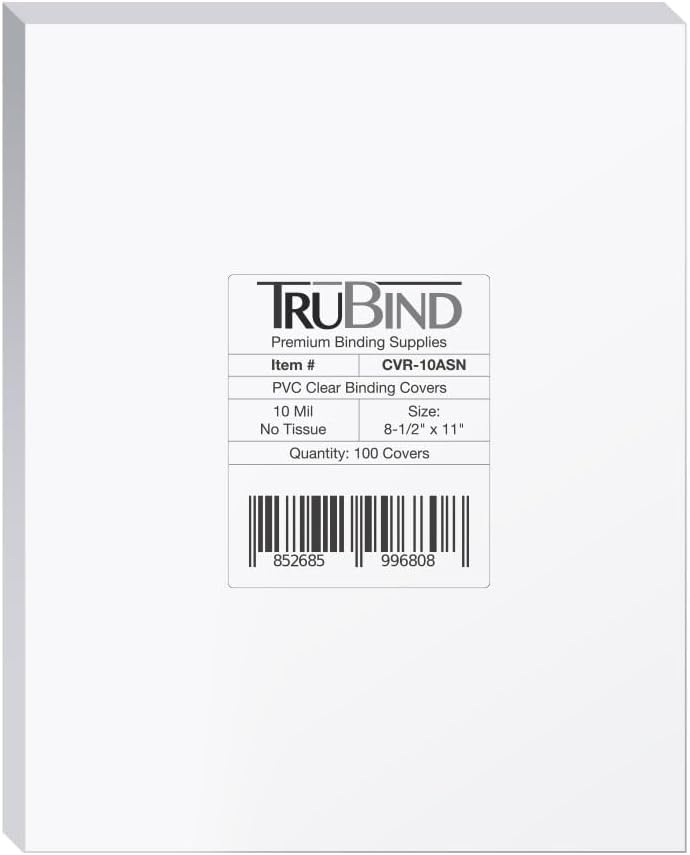 TruBind Binding Covers for Reports and Presentations - Crystal Clear PVC - 10 Mil Thick - Letter Size - 8 1/2 inch x 11 inch - Square Corners - No Tissue Interleaving - 100/Bx (CVR-10ASN)