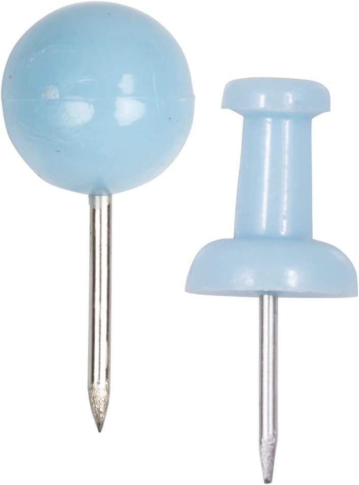 JAM PAPER Colorful Push Pins - Flat & Round Head Thumb Tack Combo Set - Baby Blue Pushpins - 200/Pack
