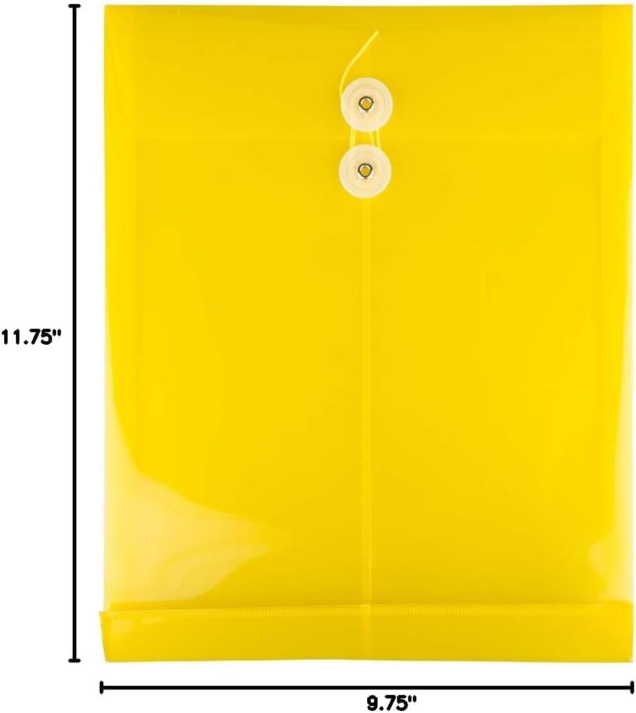 JAM PAPER Plastic Envelopes with Button & String Tie Closure - Letter Open End - 9 3/4 x 11 3/4 - Yellow - 12/Pack