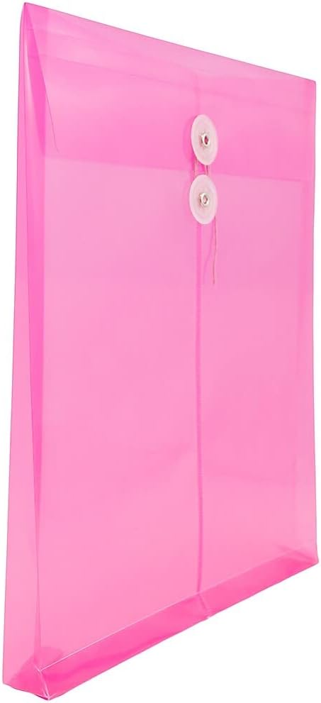 JAM PAPER Plastic Envelopes with Button & String Tie Closure - Letter Open End - 9 3/4 x 11 3/4 - Bright Hot Pink - 12/Pack