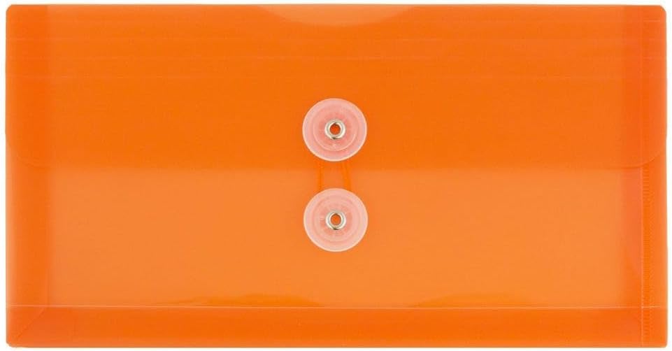 JAM PAPER Plastic Envelopes with Button & String Tie Closure - #10 Business Booklet - 5 1/4 x 10 - Orange - 12/Pack