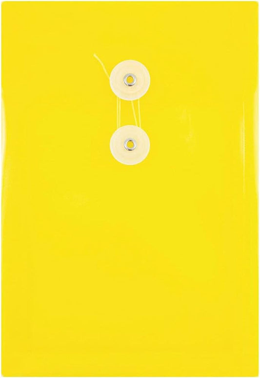 JAM PAPER Plastic Envelopes with Button & String Tie Closure - 6 1/4 x 9 1/4 - Yellow - 12/Pack
