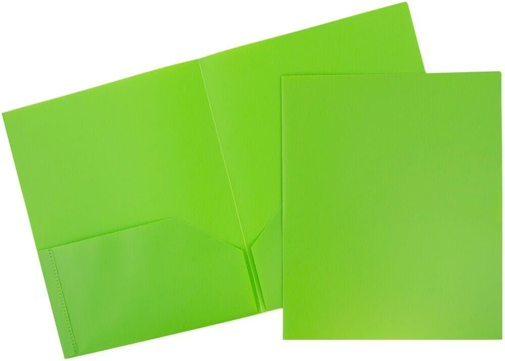 JAM PAPER Plastic 2 Pocket POP Folders - Durable School Folders - Lime Green - Bulk 48/Pack