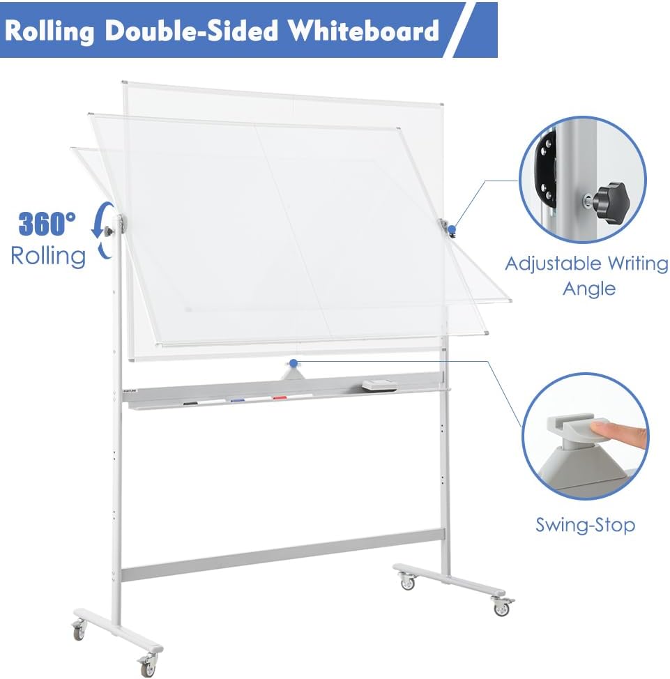FORTUNO Large Magnetic Mobile Whiteboard 60"x48", Rolling Double Sided Stand Whiteboard on Wheels, Reversible Adjustable Height/Angle Dry Erase Board 5' x 4' Easel White Board for Office Classroom