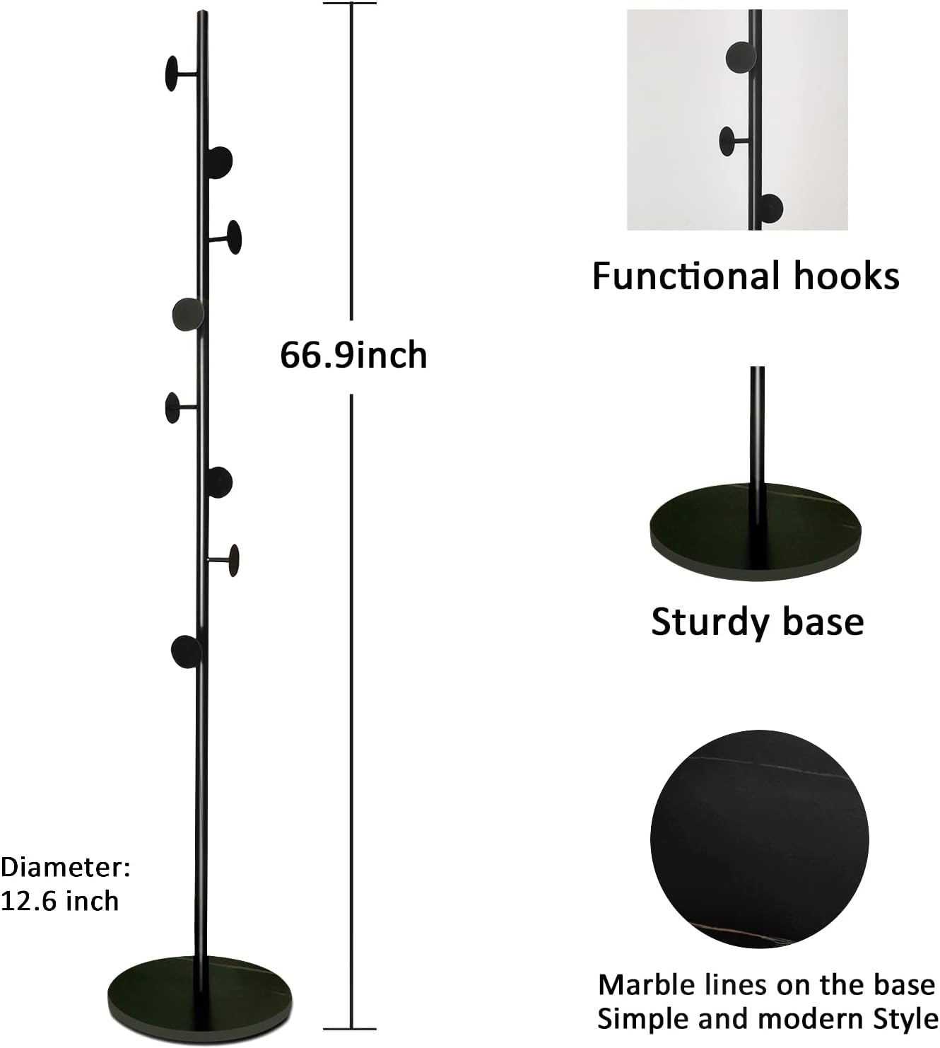 Coat Tree Freestanding, Metal Coat Rack Tree with 8 Hooks, Free Standing Hanger for Hats Scarves Purses Umbrellas, Coat Stands with Stable Base for Entryway Bedroom, Black