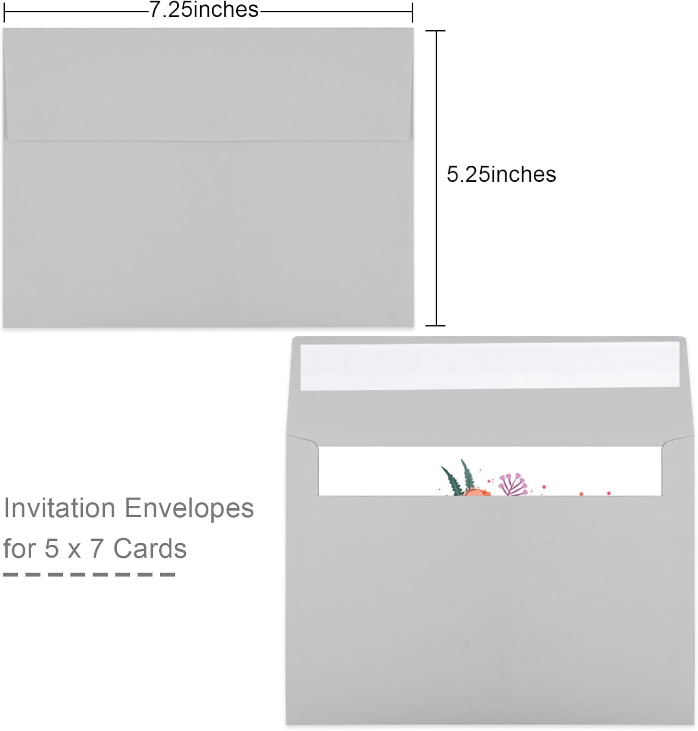 50 Packs 5x7 Dark Gray Envelope, Gray Envelopes 5x7, Dark Gray Invitation Envelope, Envelopes Self Seal for Weddings, Invitations, Photos, Greeting Cards, Mailing (Light grey)