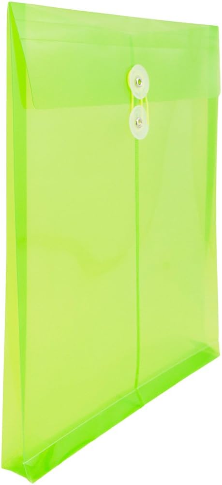 JAM PAPER Plastic Envelopes with Button & String Tie Closure - Letter Open End - 9 3/4 x 11 3/4 - Lime Green - 12/Pack