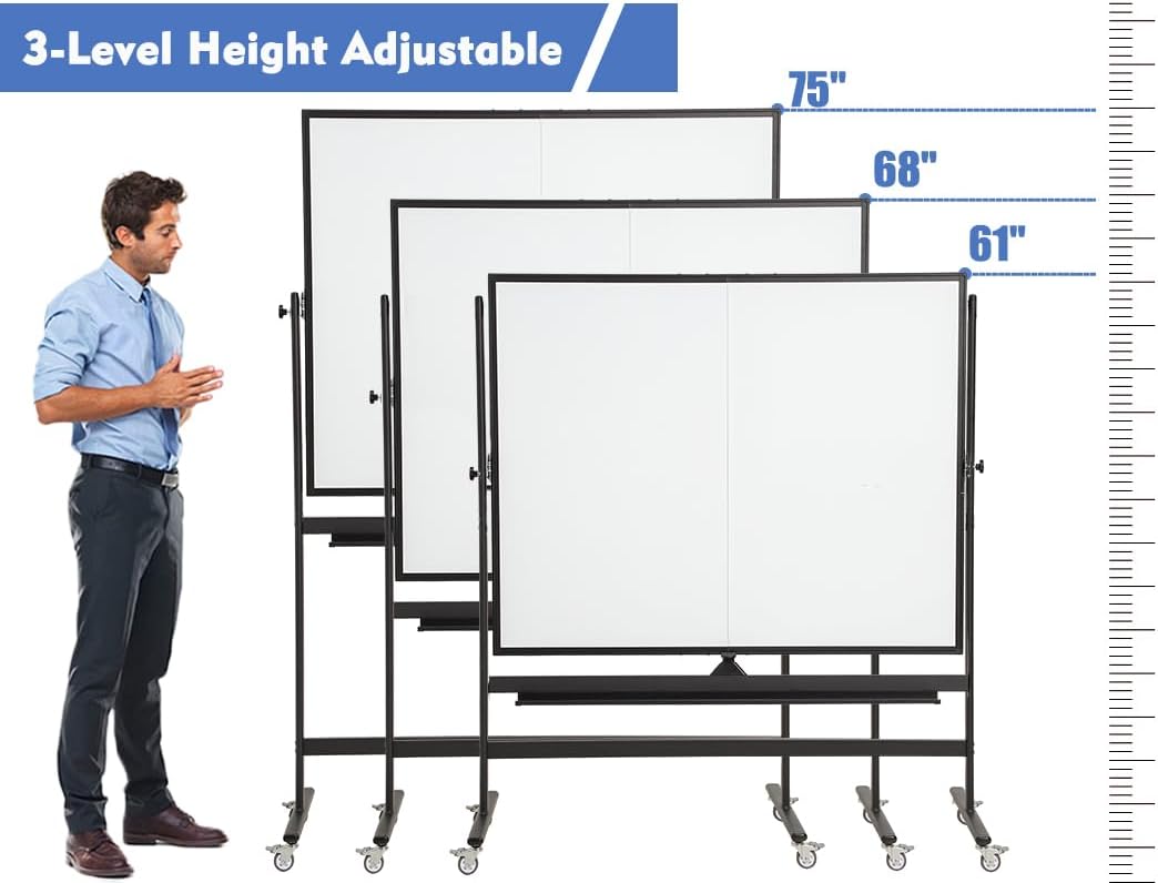 FORTUNO Large Magnetic Mobile Whiteboard 72"x40", Rolling Double Sided Stand Whiteboard on Wheels, Reversible Adjustable Height/Angle Dry Erase Board Easel White Board for Office Classroom, Black