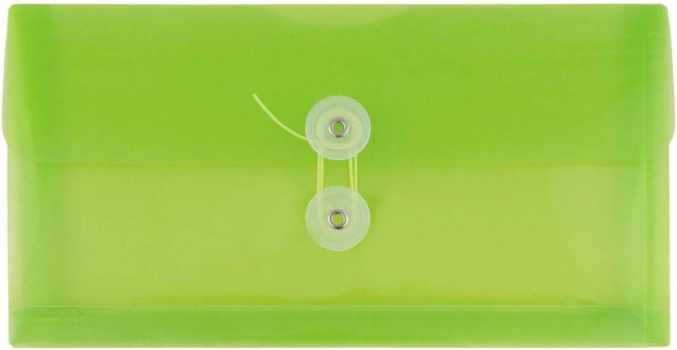 JAM PAPER Plastic Envelopes with Button & String Tie Closure - #10 Business Booklet - 5 1/4 x 10 - Lime Green - 12/Pack