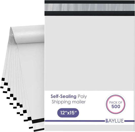 White Large Poly Mailers 12x15.5 Inch | Strong Adhesive Self-Seal Mailer Bag | Tear, Tamper, Water Resistant Shipping Envelopes | Thick Strong polymailer Bags | Clothing Shipping Bags | 500 Pcs Bulk