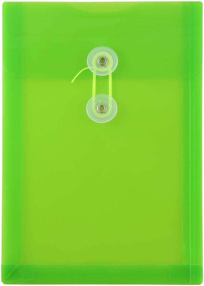 JAM PAPER Plastic Envelopes with Button & String Tie Closure - 6 1/4 x 9 1/4 - Lime Green - 12/Pack