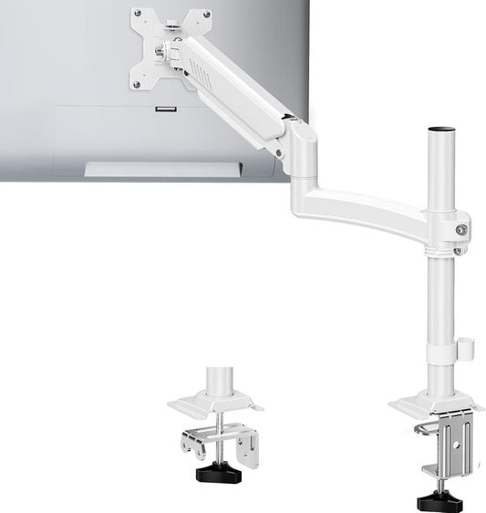 Single Monitor Arm Holds 4.4-22lbs, Monitor Stand for Desk, Height Adjustable Monitors Mount for 32 27 24 22inch, Full-Motion Monitors Desk Mount with C-Clamp＆Grommet Base, Freelift White