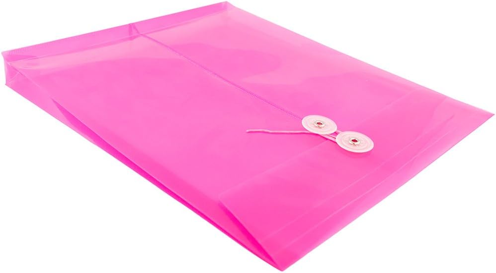 JAM PAPER Plastic Envelopes with Button & String Tie Closure - Letter Open End - 9 3/4 x 11 3/4 - Fuchsia - 12/Pack