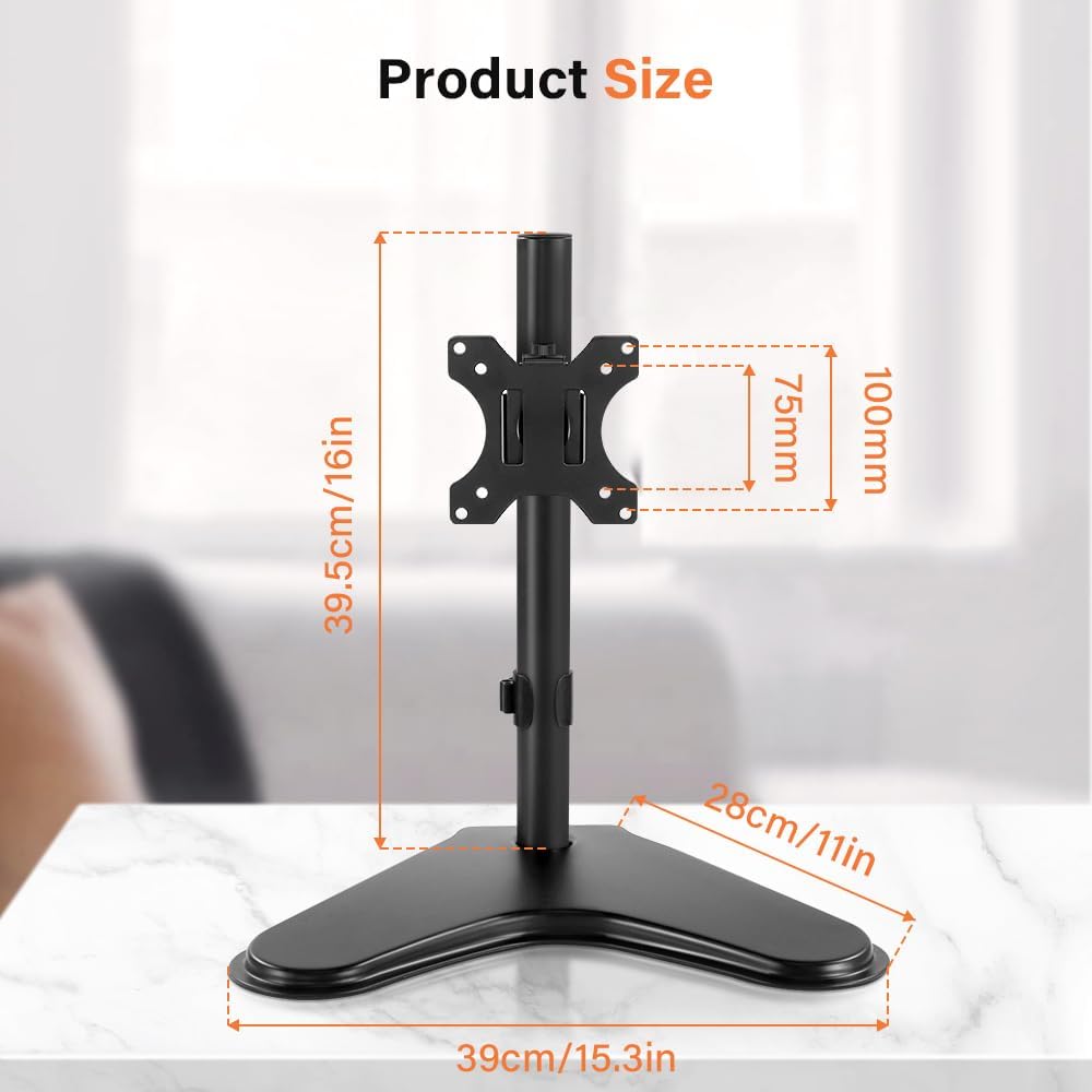 KKTONER Single Computer Monitor Stand Metal Base Free Standing Desk Vesa Mount for 13 inch to 32 inch Screen Height Adjustable Monitor Mount Full Motion Swivel Vesa 75*75mm/100*100mm Hold up 17.6Lbs