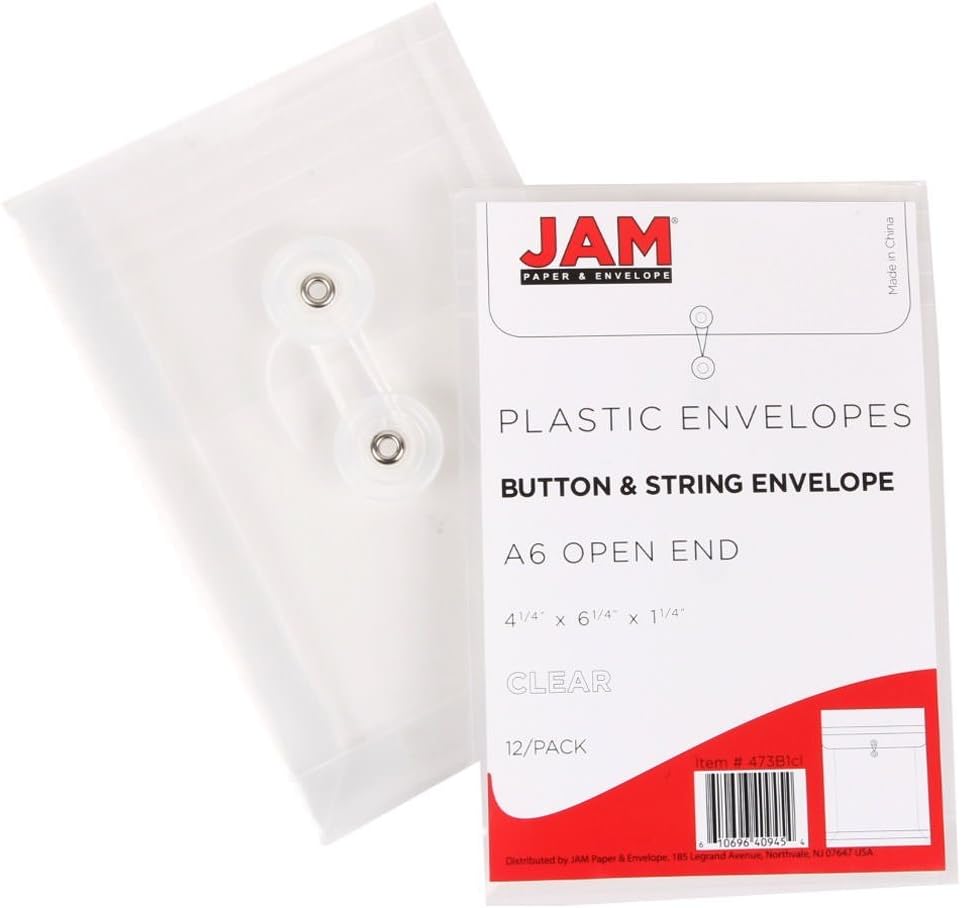 JAM PAPER Plastic Envelopes with Button & String Tie Closure - 4 1/4 x 6 1/4 - Assorted Colors - 6/Pack