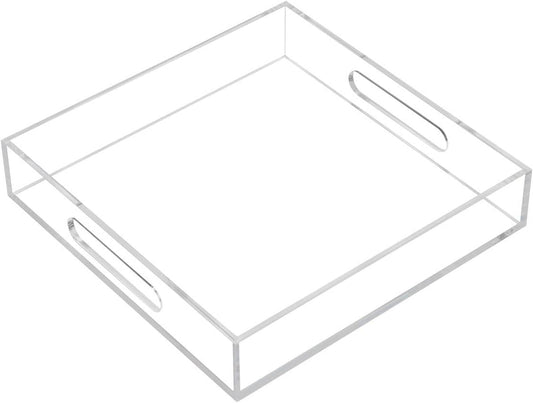 Clear Sturdy Acrylic Serving Tray with Handles - 10x10Inch - Coffee, Appetizer, Breakfast, Butler Tray - Kitchen Countertop & Vanity Table Organizer
