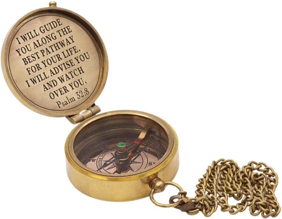 God's Way Solid Brass Engraved Compass - Psalm 32:8, Directional, Baptism & First Communion Gifts for Boys & Girls, Christian Gifts for Men & Boys