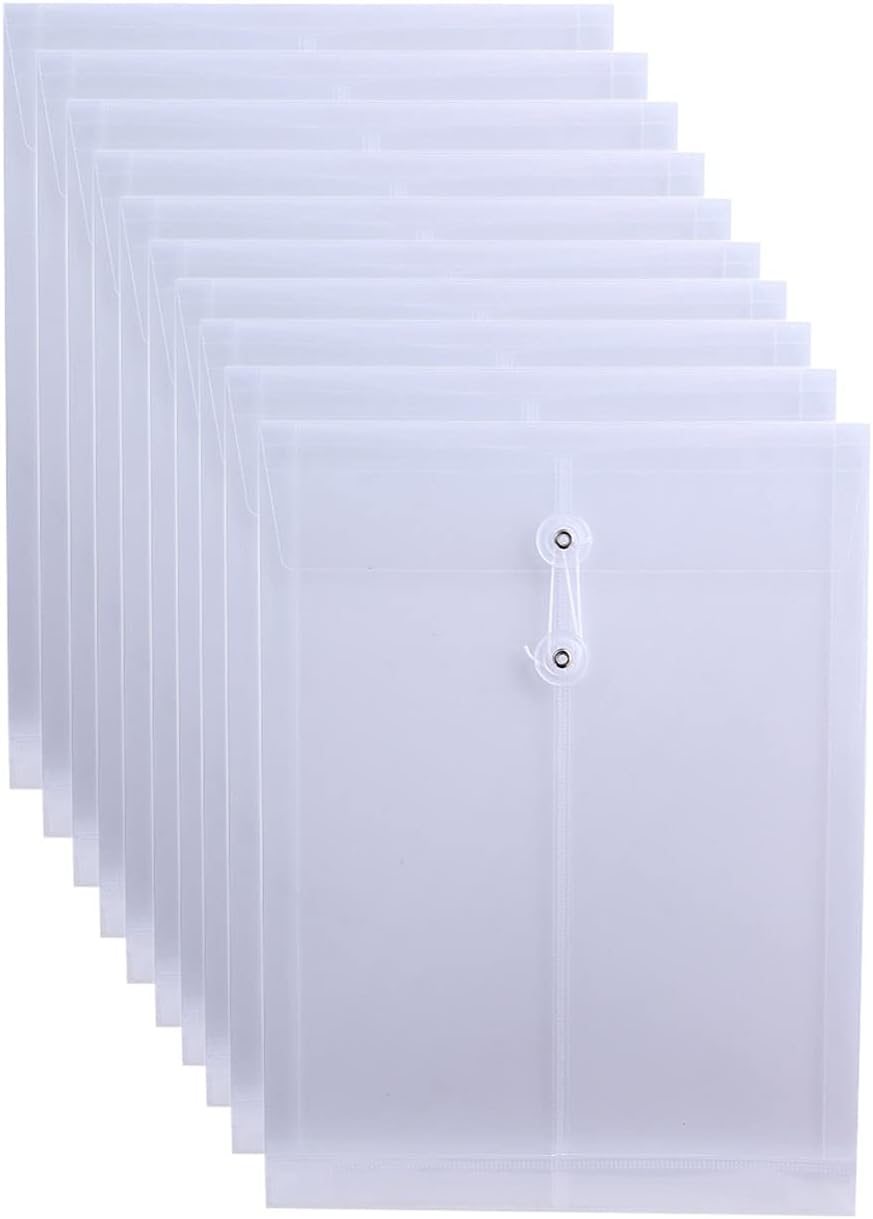 Letter Size Clear Poly Envelopes with String Closure 10 Pack, EGOSKY Plastic Envelope Folders with Top Opening