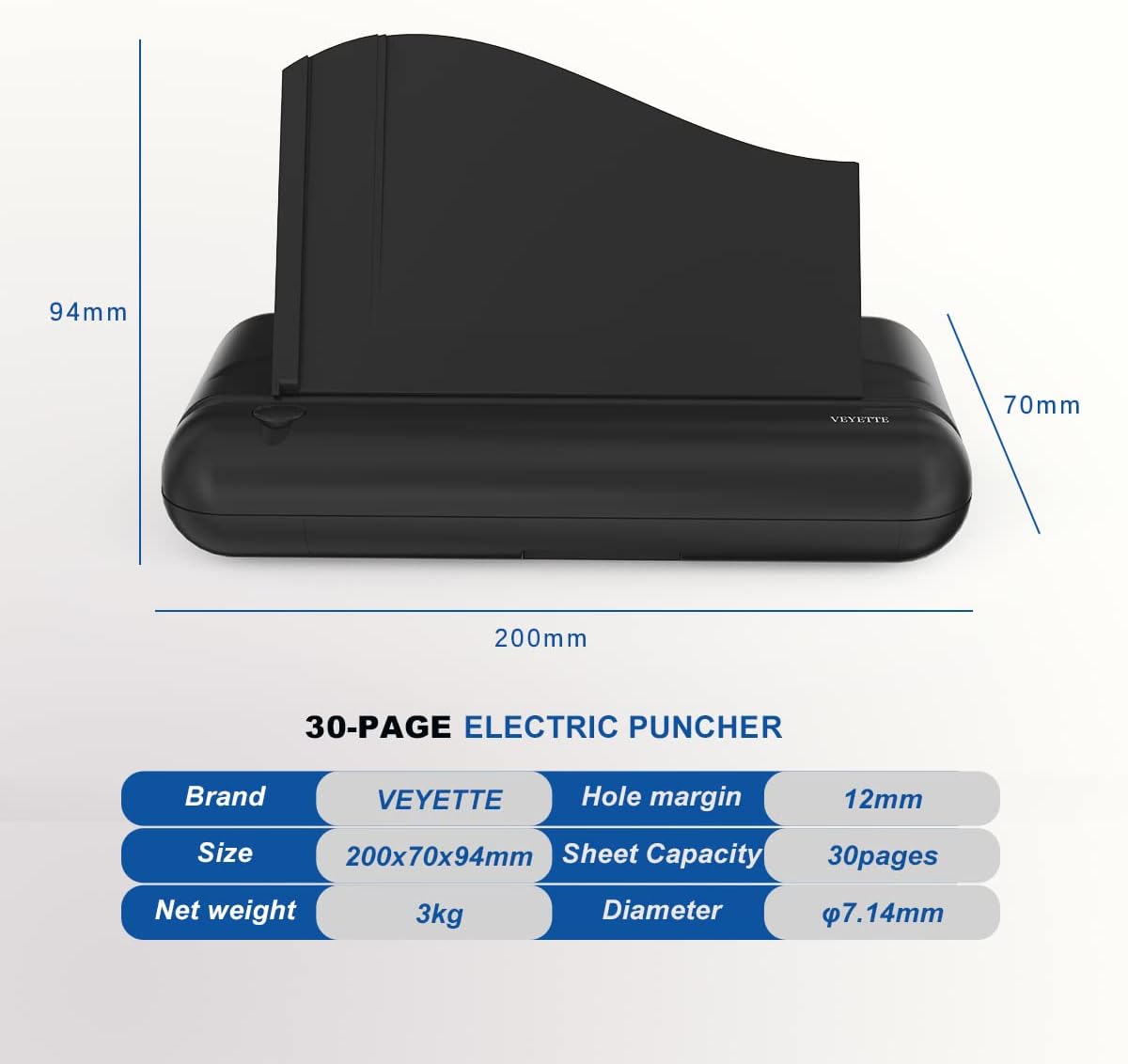 Electric 3 Hole Paper Punch, VEYETTE Heavy Duty Commercial Hole Puncher with Adapter for Office School Studio, 30 Sheet Capacity,Color Black