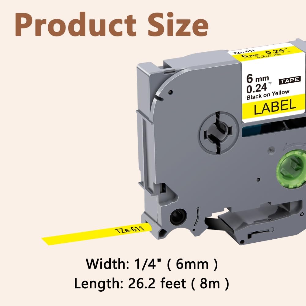 Hehua 6mm 0.23 Black on Yellow Laminated Tape Compatible for Brother Label Maker Tape TZe-611 TZe611 TZ-611 TZ611 for P Touch PT D200 D220 D400 D450 D600 D610 P710BT, 1/4'' x 26.2ft, 3 Pack