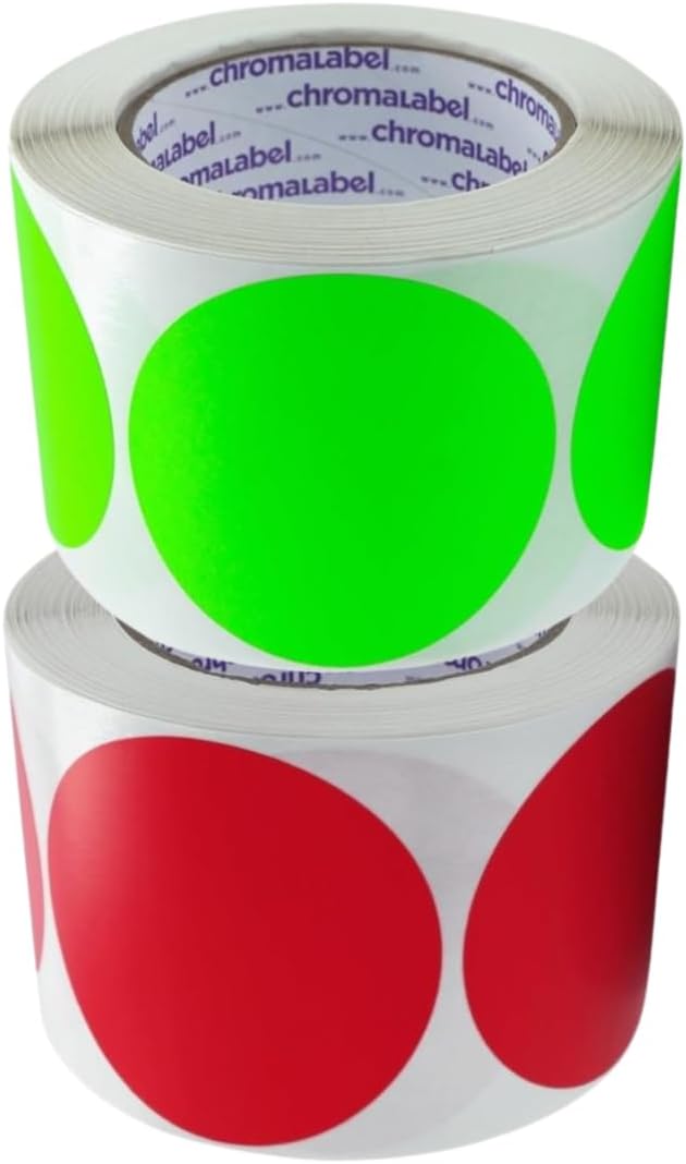 ChromaLabel 3 Inch Round Sticker Labels, Permanent Sticky Dots Color Coding Label, Easy to Write On Color Coded Stickers - 500 Colored Labels per Roll - Matte Finish Fluorescent Green and Red