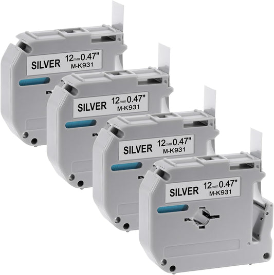 Fimax M-931S Tape 12mm 0.47 Silver Compatible with Brother P Touch Label Maker Tape M-931 M931 M-K931S for Brother Ptouch PT-M95 PT-70BM PT-90 PT-85 PT65 45 Label Maker Refills, 4 Pack